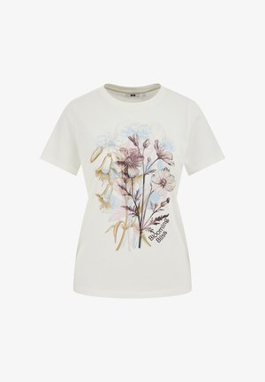 Balta īsroku krekls ar pasteļtoņu ziedu dizainu un tekstu "Blooming Bliss" priekšpusē vidū.