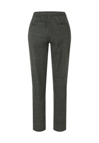 Dark gray tailored trousers with a subtle checked pattern, elastic waistband, and two back pockets; made from textured fabric.