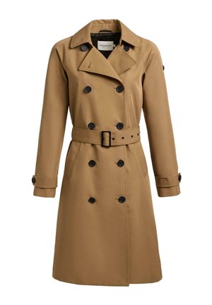 Doppelreihiger Trenchcoat in Kamelhaarfarbe mit schwarzen Knöpfen, tailliertem Gürtel, Reverskragen, geknöpften Ärmelbündchen und sichtbaren Fronttaschen.