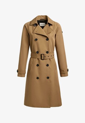 Doppelreihiger Trenchcoat in Kamelhaarfarbe mit schwarzen Knöpfen, tailliertem Gürtel, Reverskragen, geknöpften Ärmelbündchen und sichtbaren Fronttaschen.