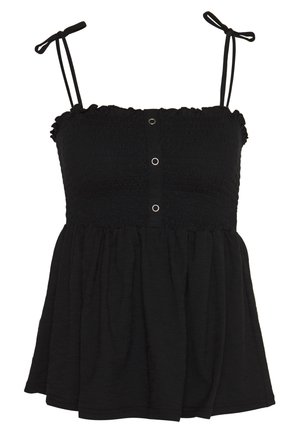 Czarny bezrękawnik z marszczeniami, z cienkimi regulowanymi ramiączkami oraz trzema małymi okrągłymi metalowymi oczkami z przodu na środku.