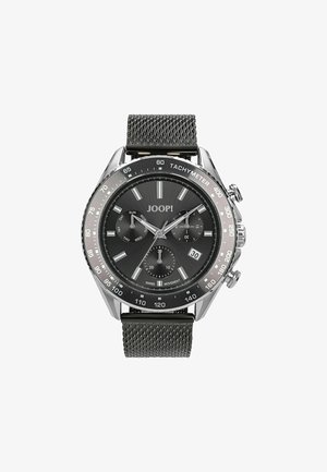 Schwarze Joop! Chronographuhr mit Tachymeter-Lünette, drei Zifferblättern zur Anzeige von Tag, Sekunden und Minuten, Datumsfenster und Metall-Mesh-Armband.