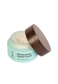 Crema idratante in un barattolo di vetro verde menta con un coperchio in legno scuro e texturato, che rivela una crema bianca all'interno. Marcatura della capacità di 50 ml visibile.
