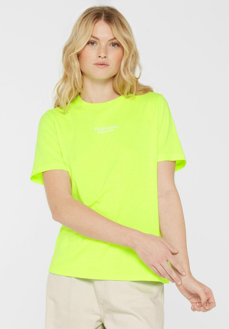Neon green short-sleeve t-shirt featuring a round neck, casual fit, and "Vivid Fusion" text in white on the front. Soft fabric texture.