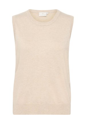 Top sans manches beige en matériau tricoté doux, avec un col rond et une coupe décontractée au toucher lisse.