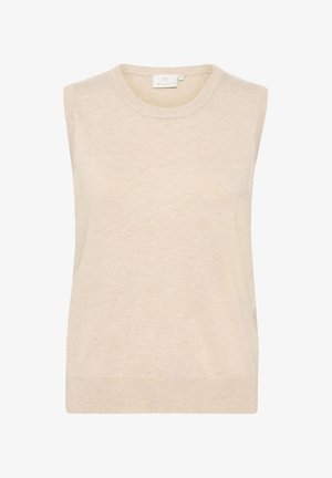 Top sans manches beige en matériau tricoté doux, avec un col rond et une coupe décontractée au toucher lisse.