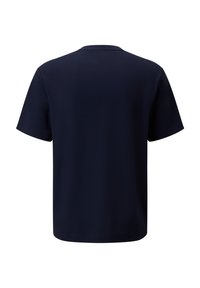Marineblå bomulds T-shirt, korte ærmer, rund halsudskæring, glat tekstur, enkel konstruktion uden synlige logoer eller mønstre.