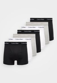 Set of seven boxer shorts in black, gray, and white, featuring elastic waistbands with repeating "Calvin Klein" logo. Cotton blend material.