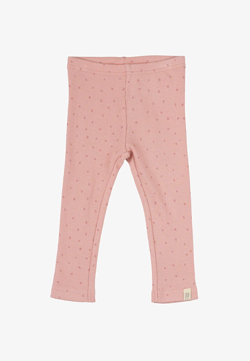Roza rebrasta legginga z majhnimi pikami, elastičnim pasom in oznako blagovne znamke na robu. Mehka tkanina z ozkim krojem.