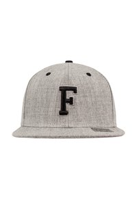 Hallitushedasi hall snapback müts, millel on tekstureeritud kangas, esiosas mustalt brodeeritud tähega "F" ja lame äärega.
