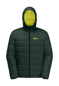 Veste rembourrée vert foncé avec fermeture éclair sur le devant, grande capuche doublée de jaune vif, et logo sur la poitrine gauche. Elle possède deux poches latérales.