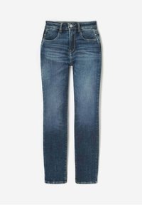 Blauwe vervaagde slim-fit jeans met een voorste knop, ritssluiting en vijf zakken, plat gelegd op een witte achtergrond.