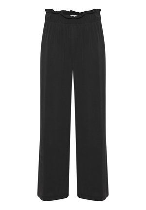 Černé široké kalhoty s volánkovým elastickým pasem, vyrobené z měkké tkaniny, s rovnými nohavicemi a bez kapes. Hladká textura.