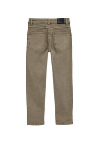 Beige stretchjeans med lige snit, der har fem lommer, en label i taljen og diskret syningsdetalje. Glat tekstur.