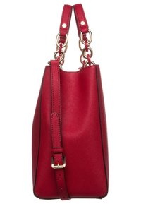 Rote Lederhandtasche mit strukturierter Oberfläche, goldfarbener Hardware, doppelten Griffen und verstellbarem Schultergurt. Strukturiertes Silhouette.