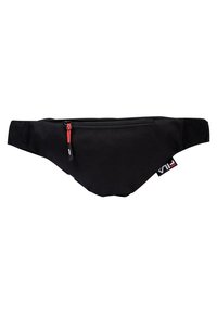 Banane noire en tissu résistant, avec une poche zippée munie d'une tirette rouge, et une étiquette logo sur le côté. Design compact et léger.