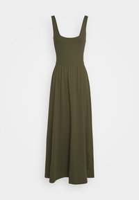 Maxi sukienka w kolorze oliwkowym, wykonana z miękkiego materiału, posiadająca dopasowaną górę, szerokie ramiączka i plisowany dół. Prosty krój, casualowy styl.