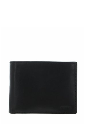 Portefeuille bi-fold en cuir noir avec bords subtilement cousus et petit logo Valentino embossé dans le coin inférieur droit.