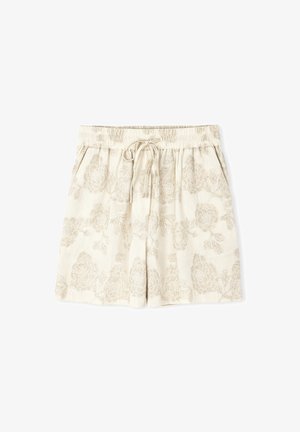 Linnen shorts in crème met een licht bloemenpatroon, voorzien van een elastische tailleband en trekkoord voor een verstelbare pasvorm.