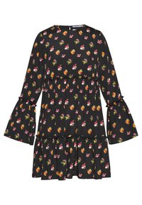 Svart klänning i tyg med blommönster i röd, gul och grön. Har långa klockärmar, en lager-på-lager kjol och rund halsringning.