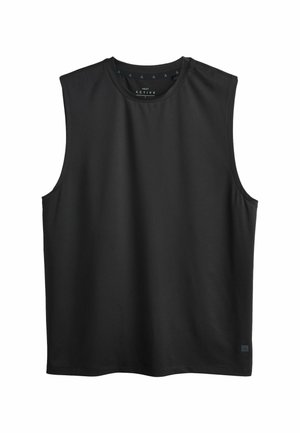 Ärmelloses schwarzes Sport-Top mit rundem Ausschnitt, aus leichtem Stoff, entwickelt für aktive Freizeitkleidung.