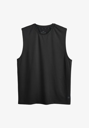 Ärmelloses schwarzes Sport-Top mit rundem Ausschnitt, aus leichtem Stoff, entwickelt für aktive Freizeitkleidung.