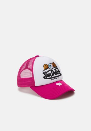 Pink-weißes Mesh-Trucker-Cap mit „Von Dutch Originals“-Logo und geflügeltem Augapfel-Design auf der Front.