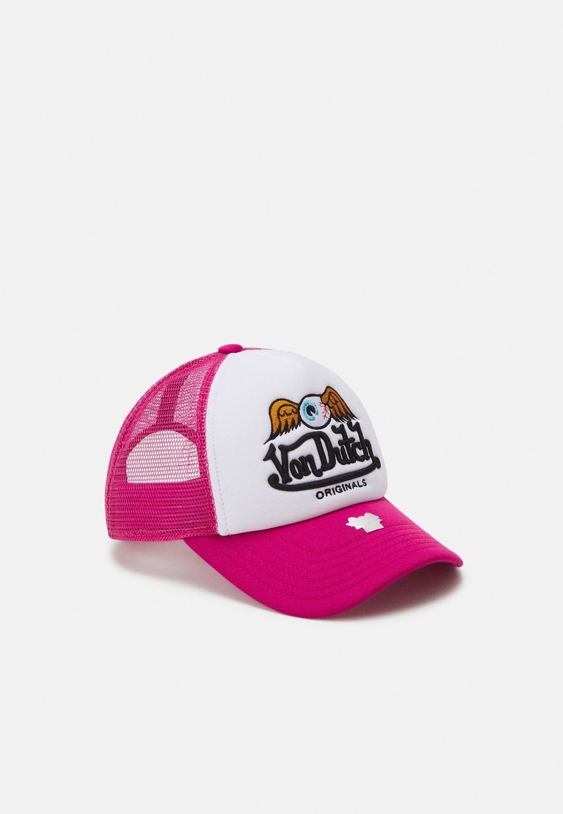 Casquette trucker en mesh rose et blanc avec le logo "Von Dutch Originals" et un dessin d'œil ailé sur le panneau avant.