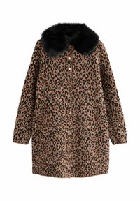 Manteau à imprimé léopard en marron et noir, avec un col en fausse fourrure, une fermeture à boutons, des manches longues, et une coupe décontractée.