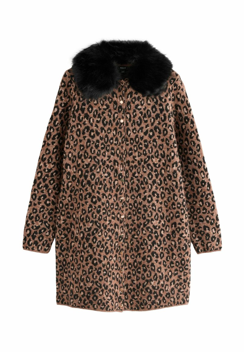 Manteau à imprimé léopard en marron et noir, avec un col en fausse fourrure, une fermeture à boutons, des manches longues, et une coupe décontractée.