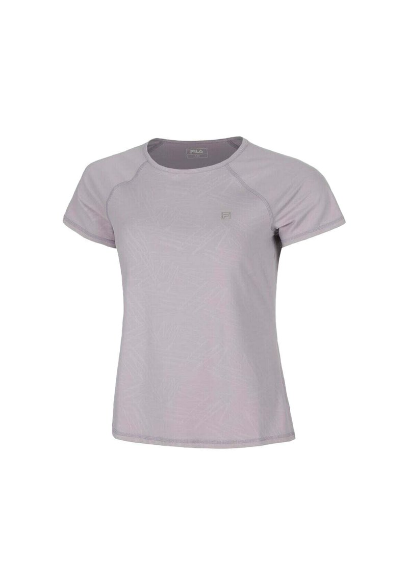 Camiseta corta de manga corta en lavanda claro con cuello redondo, que presenta un patrón sutil y un pequeño logotipo en el lado izquierdo del pecho. Textura suave.