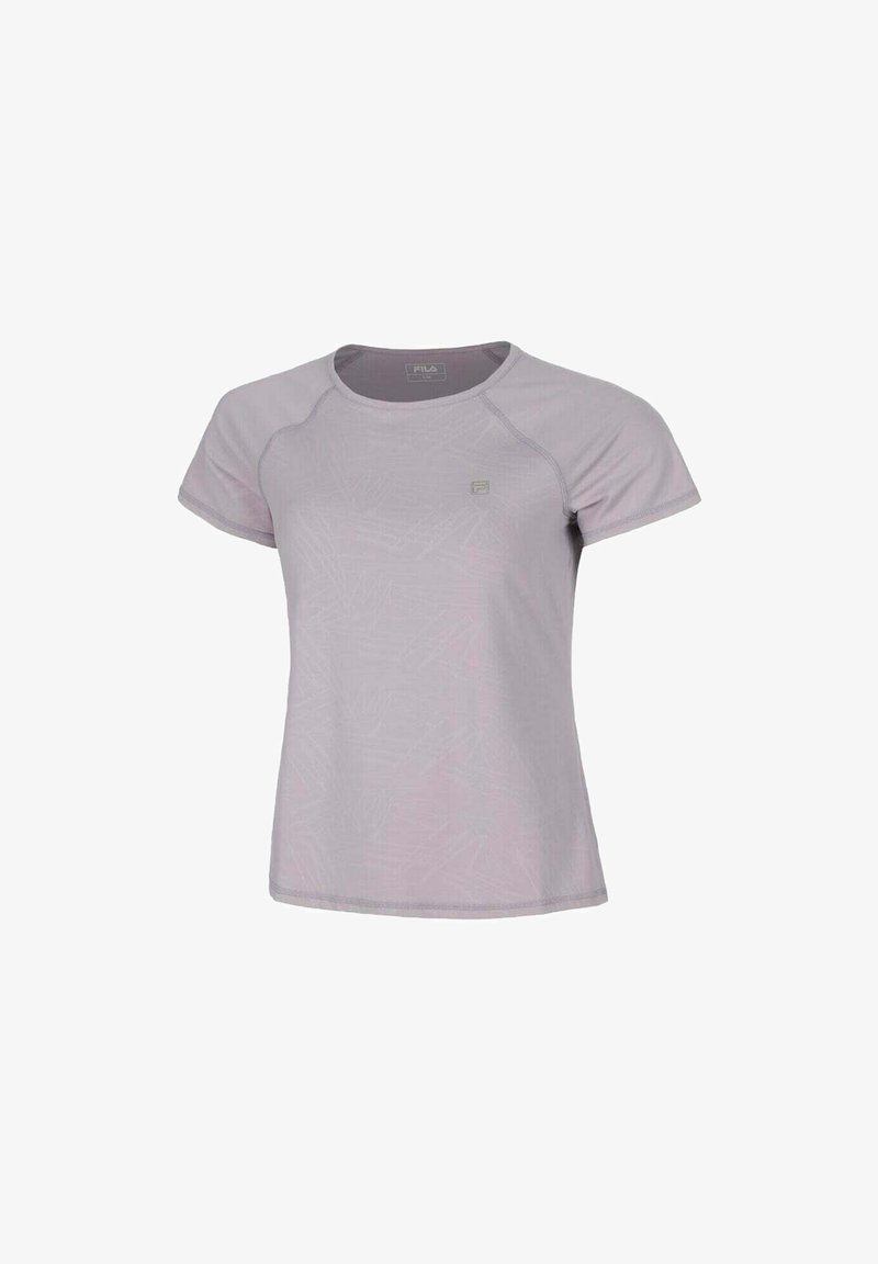 Camiseta corta de manga corta en lavanda claro con cuello redondo, que presenta un patrón sutil y un pequeño logotipo en el lado izquierdo del pecho. Textura suave.