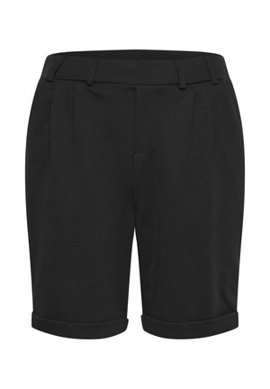 Shorts noir ajustés avec une texture lisse, dotés d'un ourlet replié, de plis et de passants de ceinture. Longueur mi-cuisse avec poches latérales.