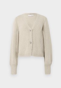 Beige strikket cardigan med lange ermer, V-hals, ribbestrikkede mansjetter og kant, samt to dekorative sølvfargede sløyfeformede knapper.