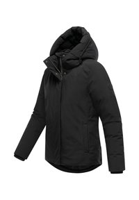 Black hooded jacket with a zippered front, elastic cuffed sleeves, and a curved hem. Smooth texture, no visible patterns or embellishments.