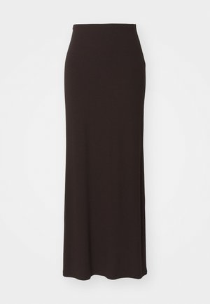Lange zwarte rok van een zachte stretchstof, met een aansluitende taille en een eenvoudig, gestroomlijnd ontwerp zonder extra accenten of patronen.