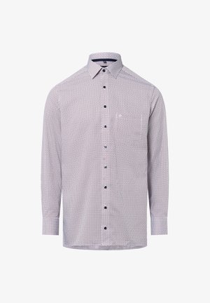 Langarm-Hemd mit Knopfleiste in einem weißen Grund mit einem blauen und roten Karomuster. Verfügt über einen klassischen Kragen und eine einzelne Brusttasche.