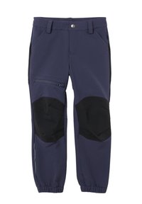 Merikanssiset pehmeät housut elastisilla hihansuilla, joissa on mustat vahvistetut polvipaikat ja useita taskuja, mukaan lukien vetoketjullinen lahjetasku.