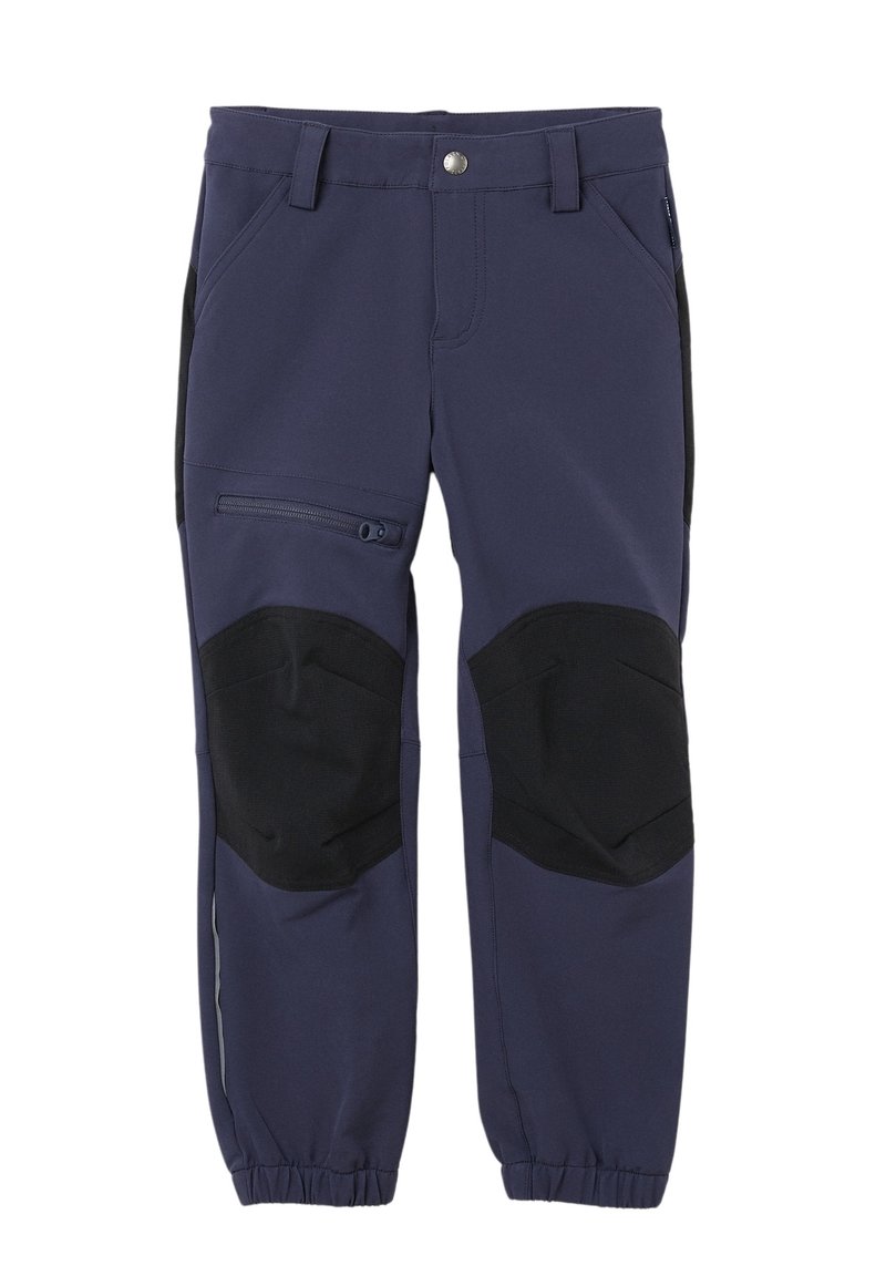 Merikanssiset pehmeät housut elastisilla hihansuilla, joissa on mustat vahvistetut polvipaikat ja useita taskuja, mukaan lukien vetoketjullinen lahjetasku.