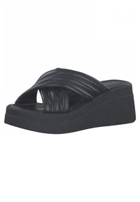 Black leather wedge sandals featuring a pleated crisscross design, a cushioned footbed, and a solid black platform sole.