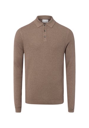 Braunes gestricktes Langarm-Poloshirt mit strukturiertem Muster, Drei-Knopf-Leiste sowie gerippten Bündchen und Saum.