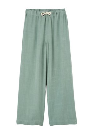 Pantalon ample à jambes larges vert clair avec taille élastique et cordon blanc.