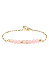 Bracelet doré avec des perles rondes en quartz rose, alternées de séparateurs dorés, fermé par un fermoir mousqueton.