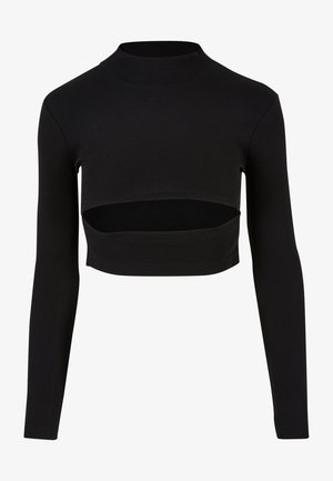 Černý žebrovaný crop top s dlouhými rukávy a vysokým výstřihem, který má výřez na hrudi pro zvýraznění detailu.