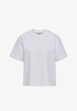 White short-sleeve cotton t-shirt with "hummel" logo embossed across the chest, featuring a round neckline and a relaxed fit.