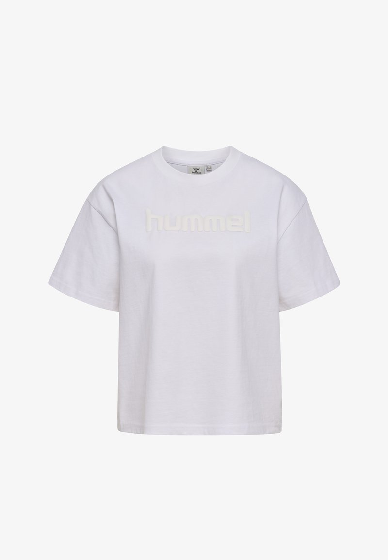 T-shirt blanc à manches courtes en coton avec le logo "hummel" embossé sur la poitrine, doté d'un col rond et d'une coupe décontractée.