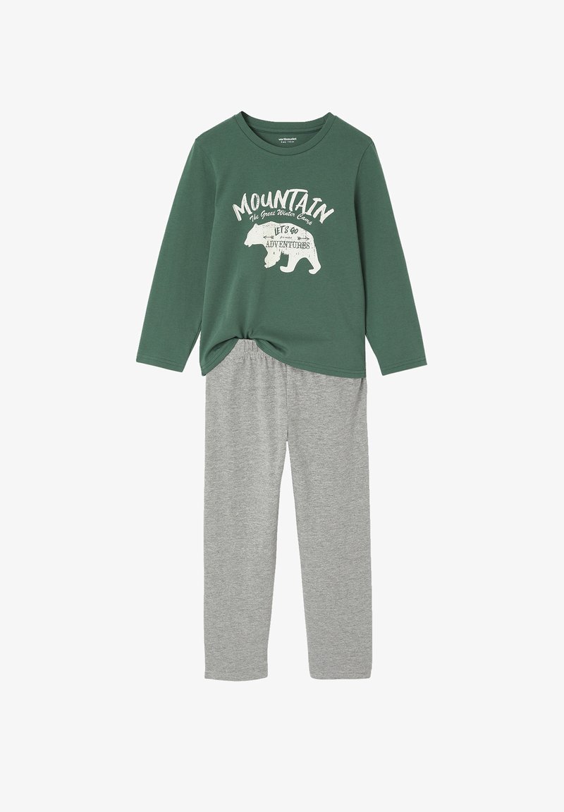 Grünes Langarmshirt mit weißem Bären-Print und Text, kombiniert mit grauen Schlafanzughosen. Baumwollmischung, lässige Passform, weicher Stoff.