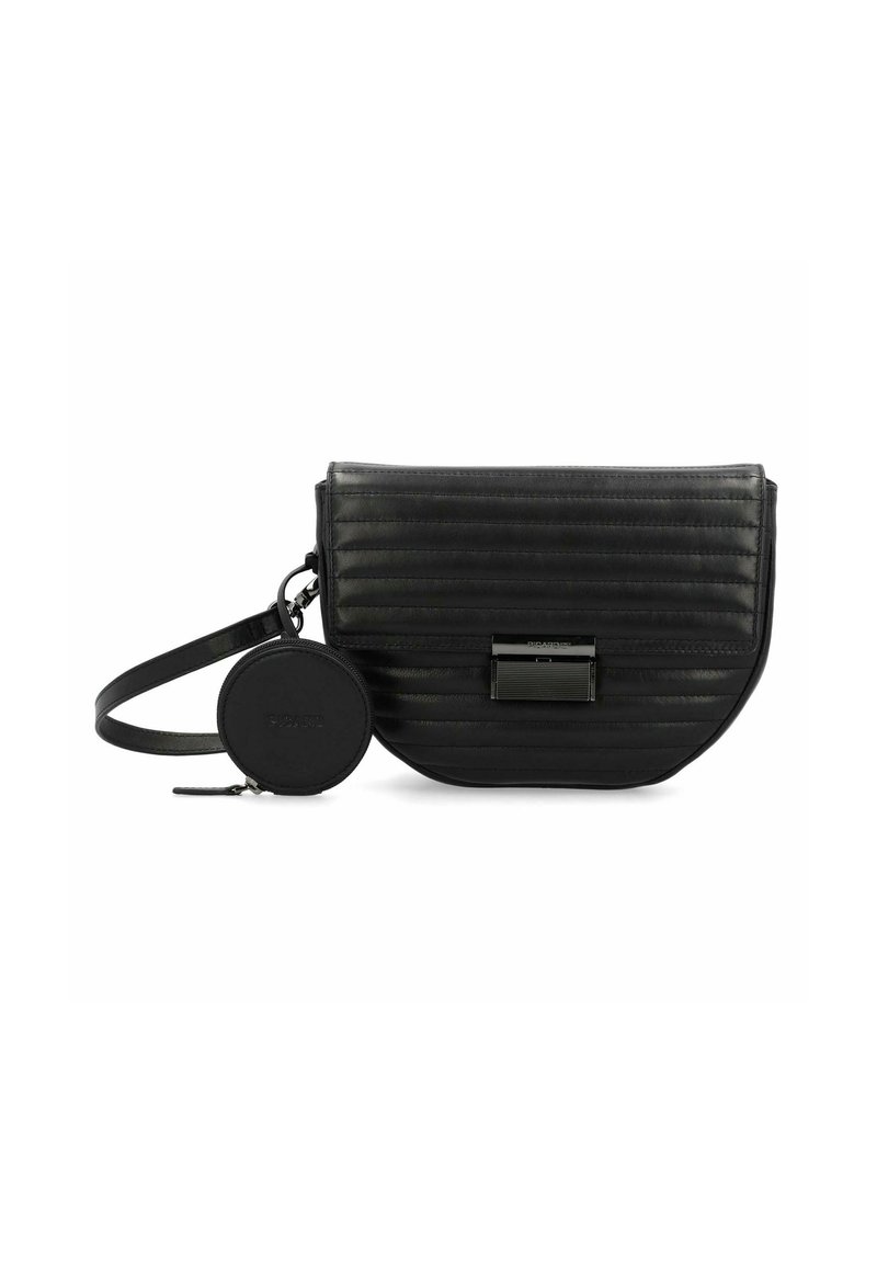 Borsa a tracolla in pelle nera trapuntata con silhouette arrotondata, hardware in tonalità argento, pochette tonda rimovibile e tracolla regolabile.