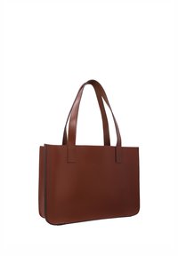 Borsa tote in pelle marrone con due spallacci e corpo rettangolare liscio, mostrata su sfondo bianco.