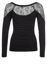 Schwarzes Langarmoberteil mit Spitzenpasse an den Schultern, figurbetonter Passform und gerippten Bündchen. Weiches Strickgewebe mit glatter Textur.